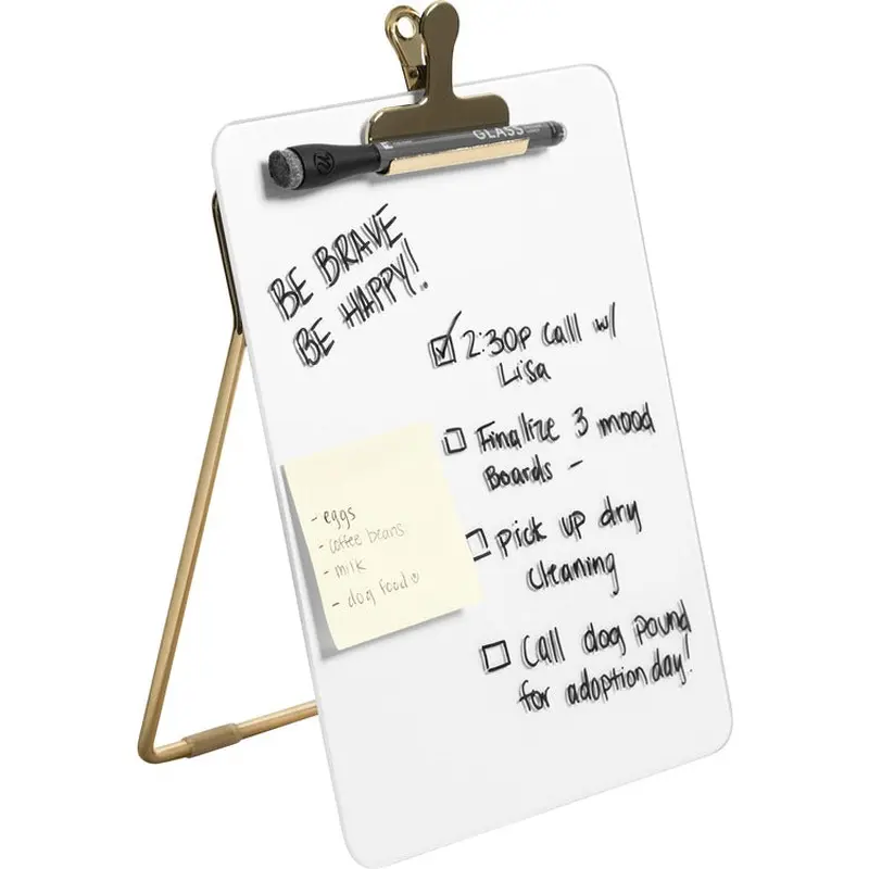 U Brands Glass Dry-Erase Desktop Easel, Tempered Glass, Gold Metal Stand, Removable Clip [SKU - UBR4974A0106]EA
