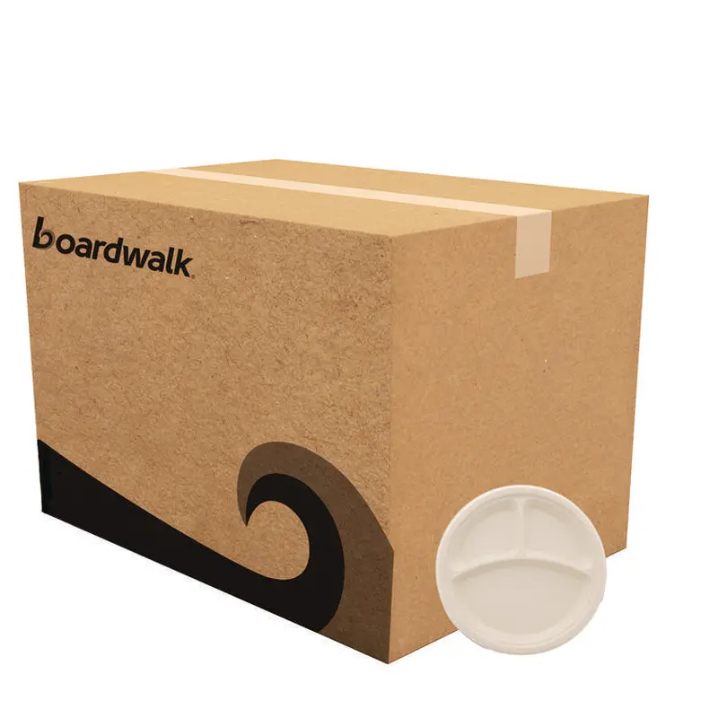 Bagasse PFAS-Free Dinnerware, 3-Compartment Plate, 10  dia, Tan, 500/Carton