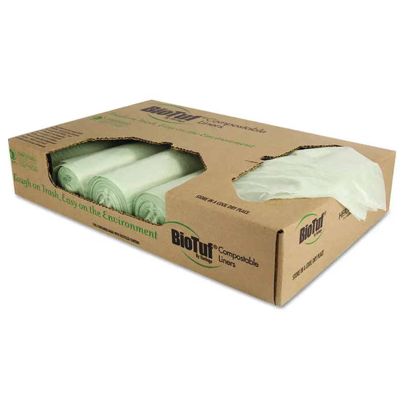 Biotuf Compostable Can Liners, 32 gal, 1 mil, 34  x 48 , Green, 20 Bags/Roll, 5 Rolls/Carton