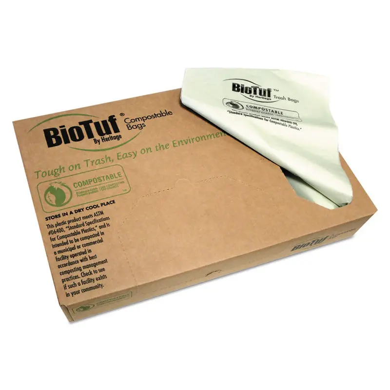 Biotuf Compostable Can Liners, 45 gal, 0.9 mil, 40  x 46 , Green, 25 Bags/Roll, 5 Rolls/Carton