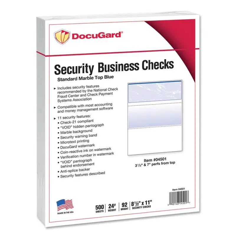 Security Business Checks, 11 Features, 8.5 x 11, Blue Marble Top, 500/Ream