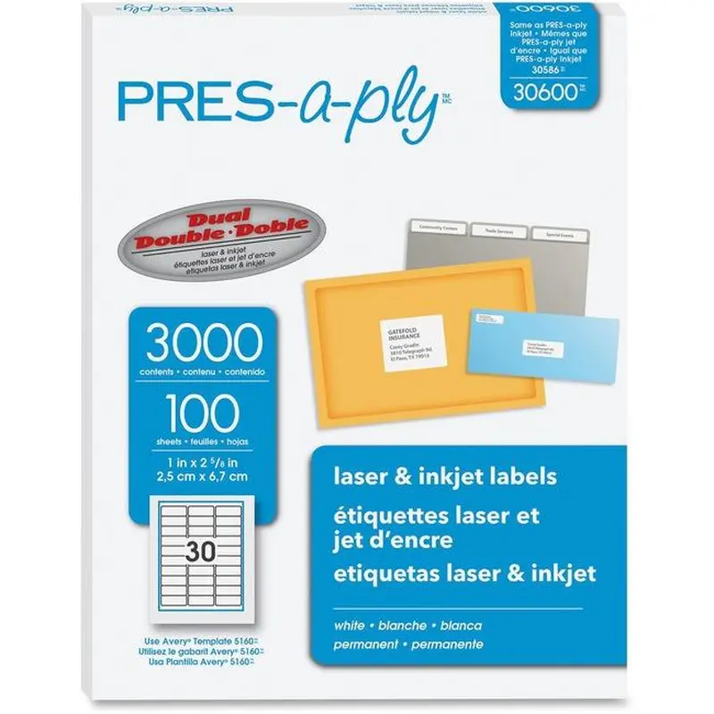 30600 PRESAPLY LABEL LASER 1" X 2 5/8" WHITE 3000 LABEL