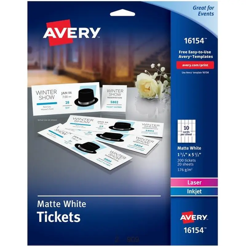 16154 TICKETS WITH TEARAWAY STUBS WHITE UNCOATED 1 3/4