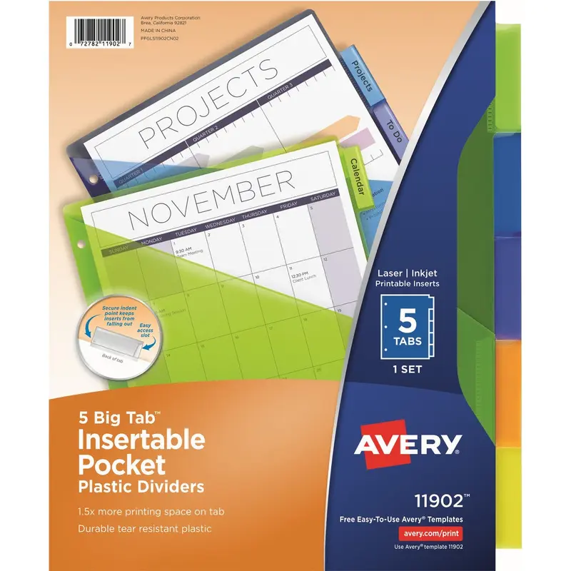 Avery® Avery(R) 5-Tab Dividers with Pockets, Insertable Big Tabs, 1 Set (11902)