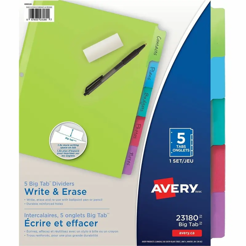 Avery Big Tab Write & Erase Dividers 5 tabs, 1 set
