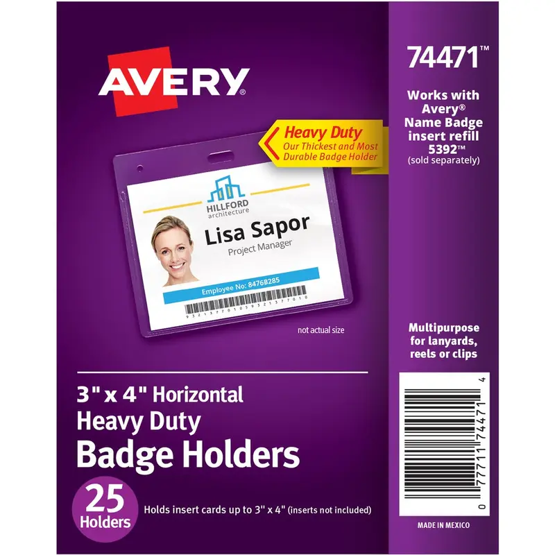 Avery(R) Heavy-Duty Secure Top Clear Badge Holders, Fits Inserts up to 3" x 4" , Landscape, 25 Holders (74471)