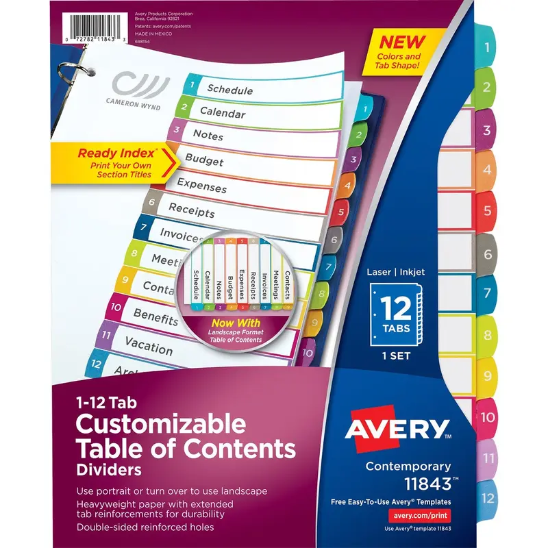 Avery® Ready Index 12 Tab Dividers, Customizable TOC, 1 Set (11843)