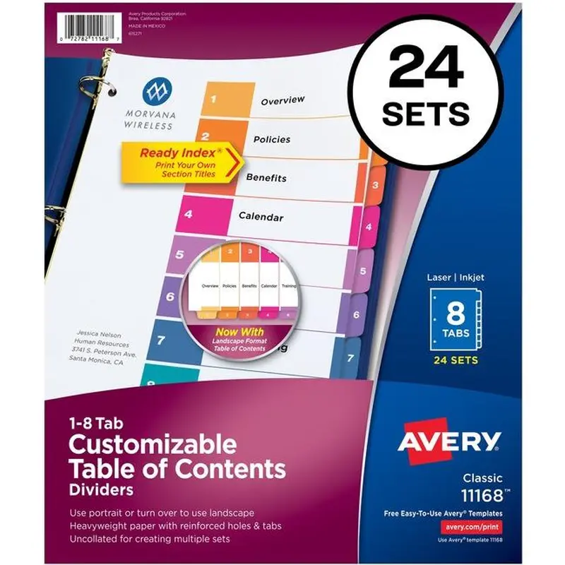 Avery® Ready Index 8 Tab Dividers, Customizable TOC, 24 Sets (11168) (AVE11168)