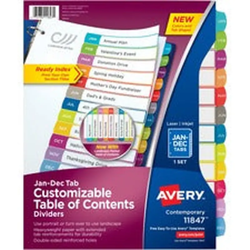 Avery® Ready Index Jan-Dec 12 Tab Dividers, Customizable TOC, 1 Set (11847)