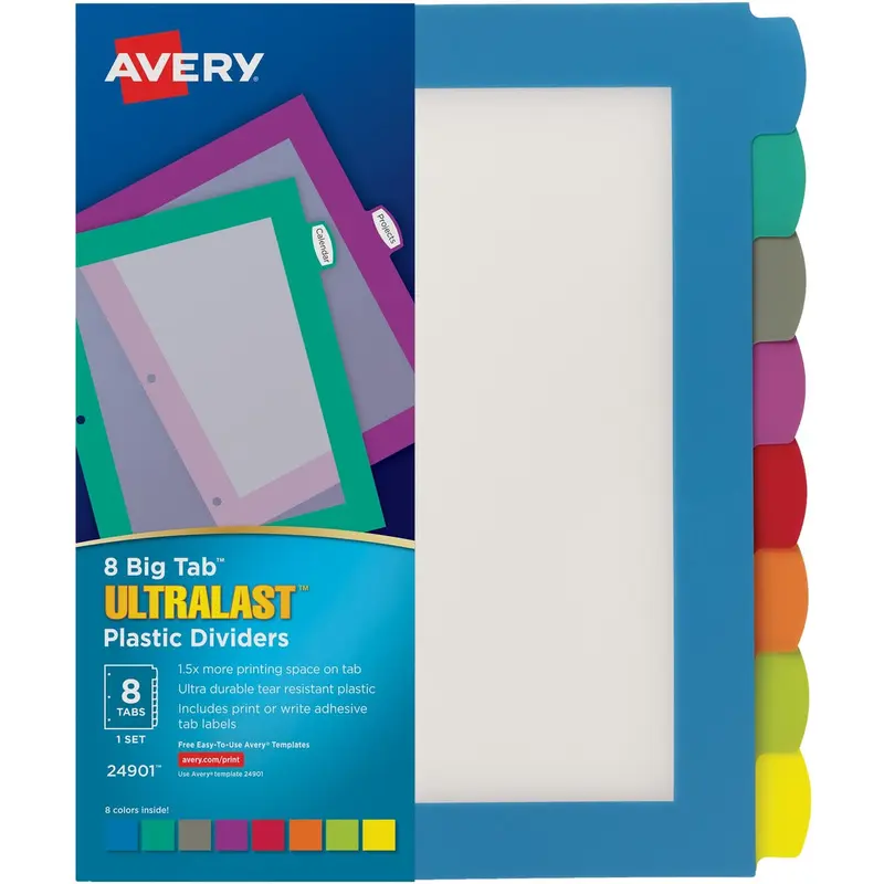 Avery® Ultralast(R) Big Tab(TM) Plastic Dividers, 8 Tabs, 1 Set, Multicolor (24901)