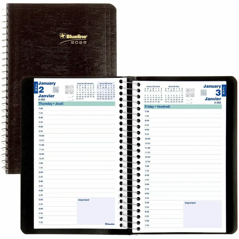 [2025]  Blueline Daily Planner 8"x 5" Spiral Bind, Bilingual, Black