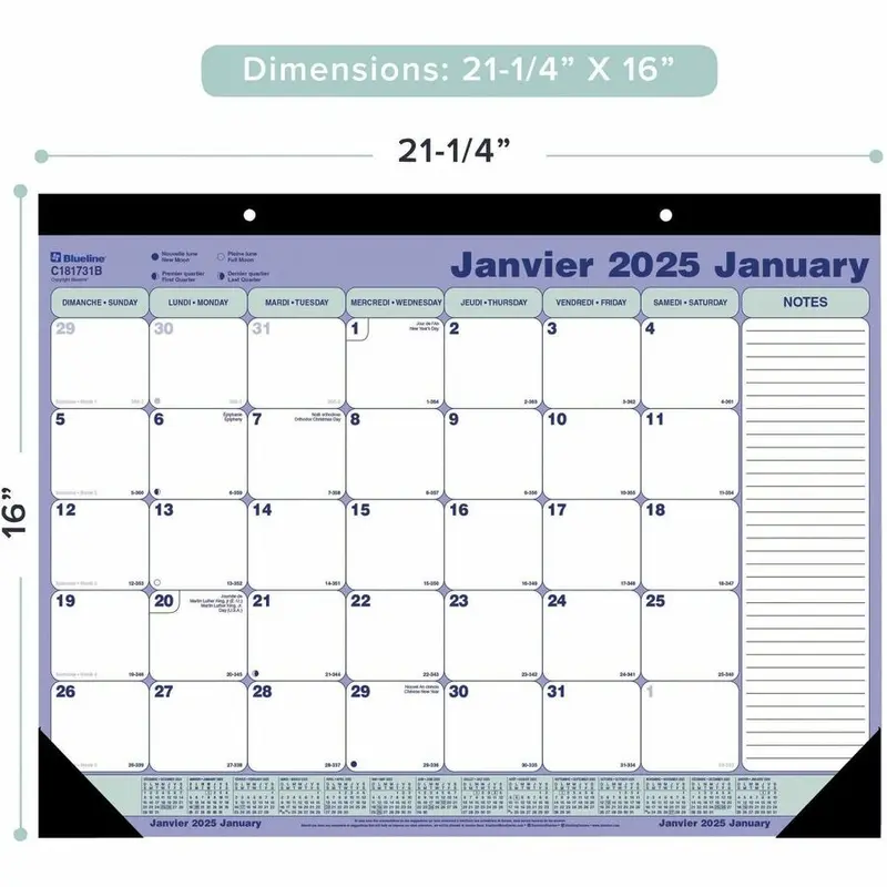 [Bilingual] Blueline Perforated Monthly Desk Pad 2025 Calendar 21-1/4" x 16" (Standard Size)