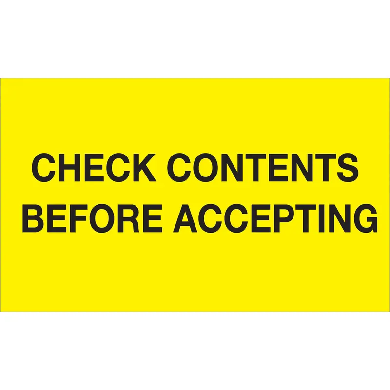 3 x 5" - "Check Contents Before Accepting" (Fluorescent Yellow) Labels 500/Roll