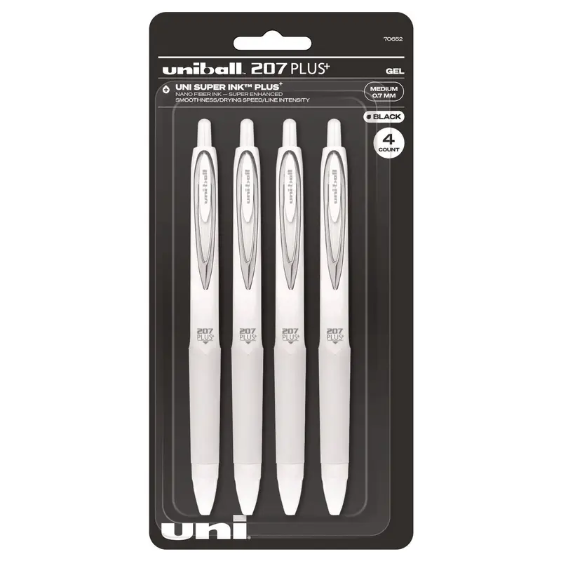 207 Plus  Gel Pen, Retractable, Medium 0.7 mm, Black Ink, White Barrel, 4/Pack