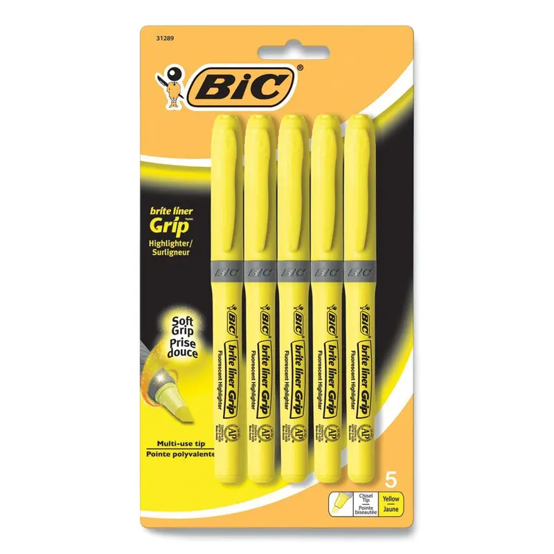 Brite Liner Grip Pocket Highlighter, Fluorescent Yellow Ink, Chisel Tip, Yellow/Black/Silver Barrel, 5/Pack
