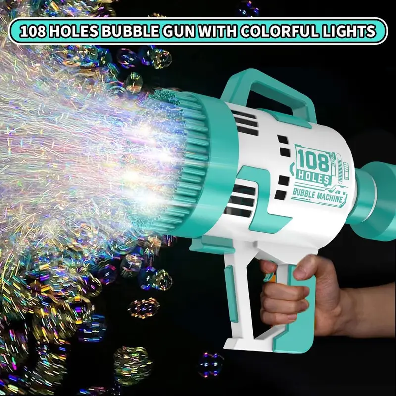 (NET) Bubble Gun 108 Holes Bubble Machine Gun Bubble Blower with Colorful Lights for Kids Adults  Summer ToysAQUA