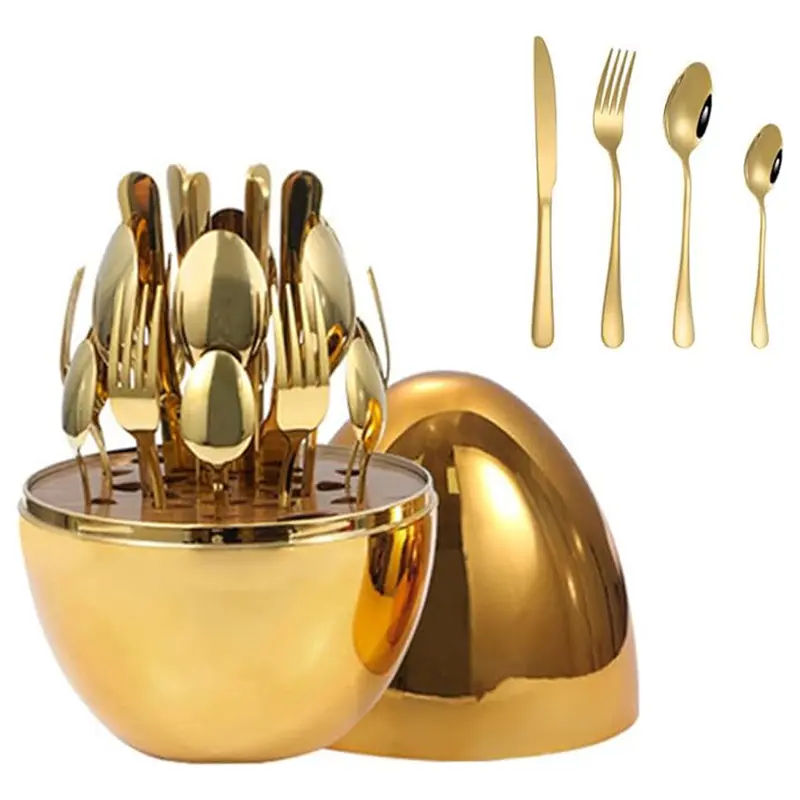(NET) Fork Knife Spoon Set with Egg-Shaped Tableware Storage Box Premium Stainless Steel 24 pcs ( Gold) / KF-162