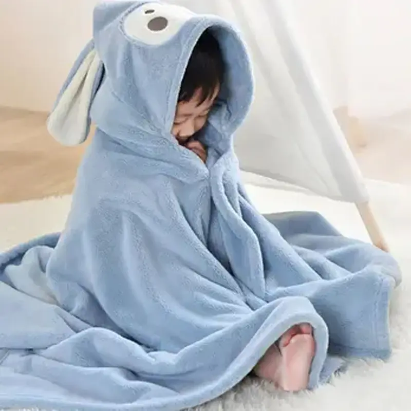 (Net) Hooded Baby Bath Beach Towel - Animal Pattern Microfiber Coral FleeceBlue
