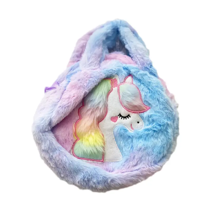 (NET) Simple Plush Bags Cartoon Unicorn Crossbody Bags Soft Fluffy Handbag Shoulder Bags Cute Girls HandbagPurple