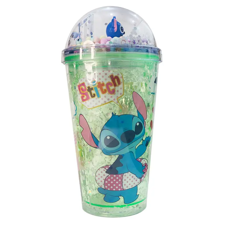 (NET) Stitch Plastic Cup With Straw 450 MLGreen