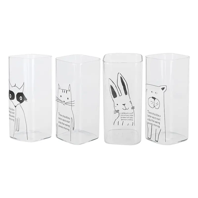 **NET**Clear Square Tall Glass Drinkware Cup Printed Cute Animal Pattern 400ml / 9961409446046Cat