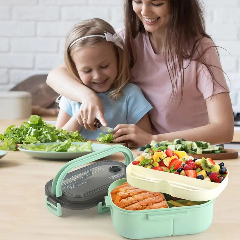Adult Lunch Box 1200ML Double Layer Lunch Box with Spoon & Fork High Capacity Food Containers / 78957Petrol&Yellow