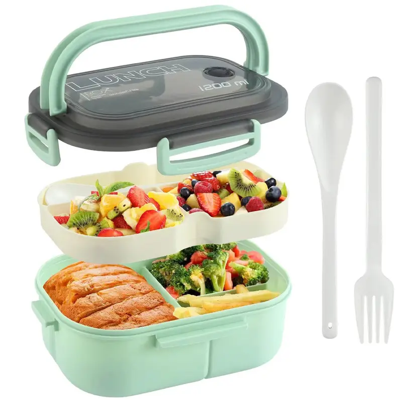 Adult Lunch Box 1200ML Double Layer Lunch Box with Spoon & Fork High Capacity Food ContainersPetrol&Yellow
