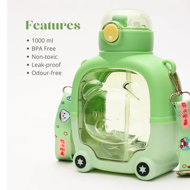 Bear Shape Leak-proof Push Lock Water Bottle With In-built Straw And Strap 1000 MLGreen