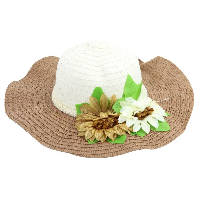 Straw Flower Designed Wide Brim Women HatLight brown