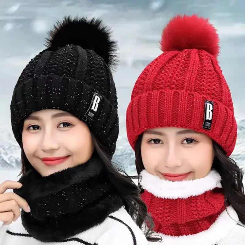 Winter Keep Warm Fashion Knitted Snood Cap and Scarf SetBlack
